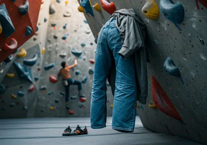 Stiff jeans, a baggy hoodie, and street shoes prominently displayed on and near an indoor climbing wall, visually representing items to definitely not wear for indoor rock climbing.