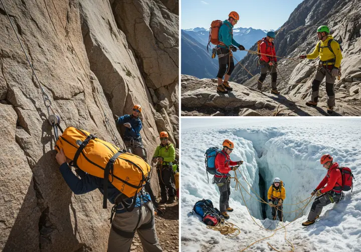 Three different rock climbing pulley system architectures – simple, compound, and complex – rigged on a rock wall.