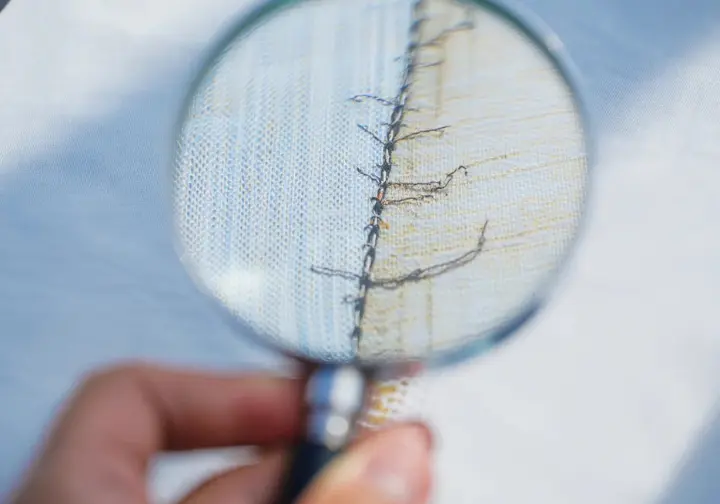 Magnifying glass showing material degradation on climbing harness webbing, representing factors that shorten harness life and affect how long a climbing harness lasts