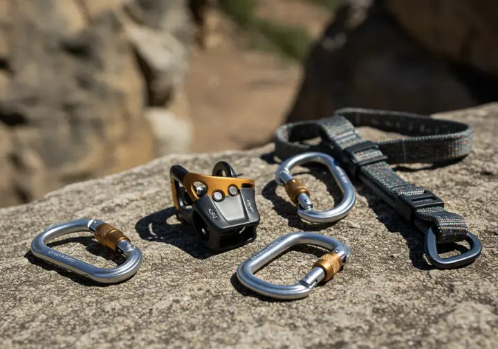 Various climbing carabiners matched with their specific gear for different climbing scenarios, demonstrating strategic selection for climbing.
