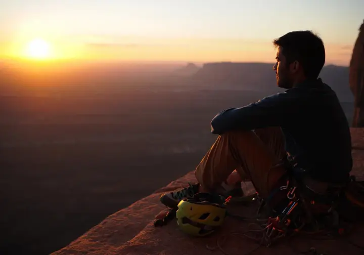 Climber on a summit at sunset, reflecting on the mental game, adventure, and self-reliance in trad climbing, core to what is trad climbing.
