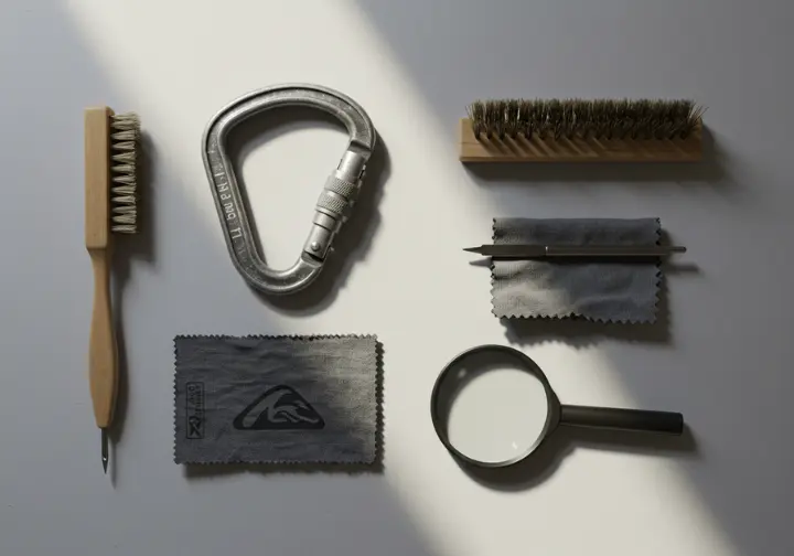 Climbing carabiner with cleaning tools, illustrating diligent maintenance for ensuring reliability and extending lifespan for climbing gear.