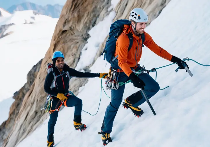 Safety first on Mount Whitney Mountaineer's Route: climbers roped together managing hazards in a steep couloir.