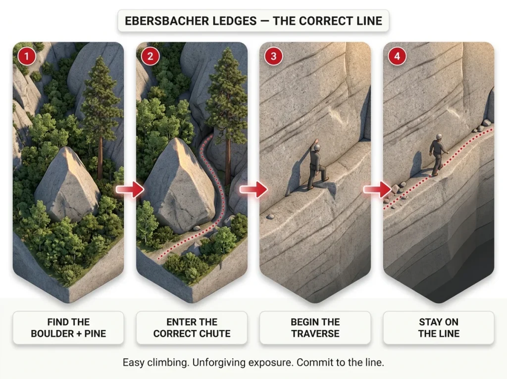 Infographic showing the Ebersbacher Ledges entry sequence with landmark, traverse start, and exposed shelf labeled step by step