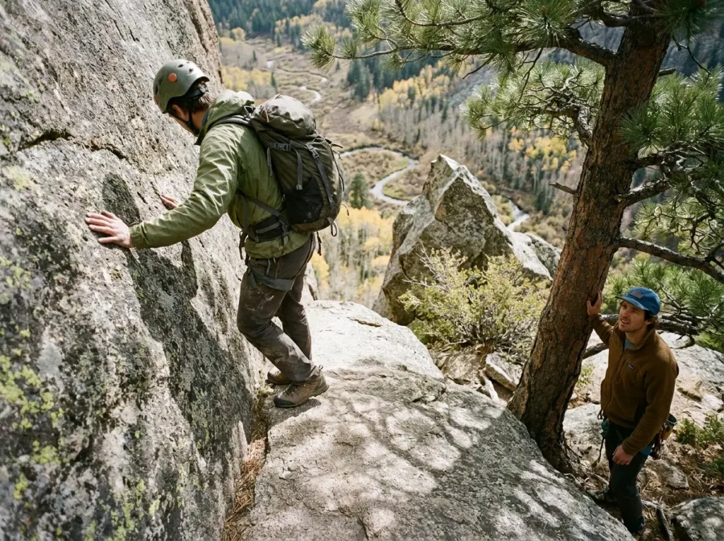 Narrow exposed Ebersbacher Ledges traverse above a cliff on the Mountaineers Route approach