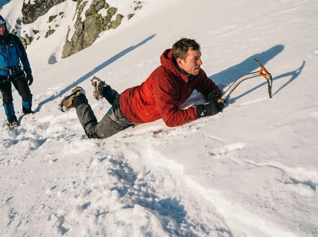 Climber practicing ice axe self-arrest on a snow slope below Mount Whitney