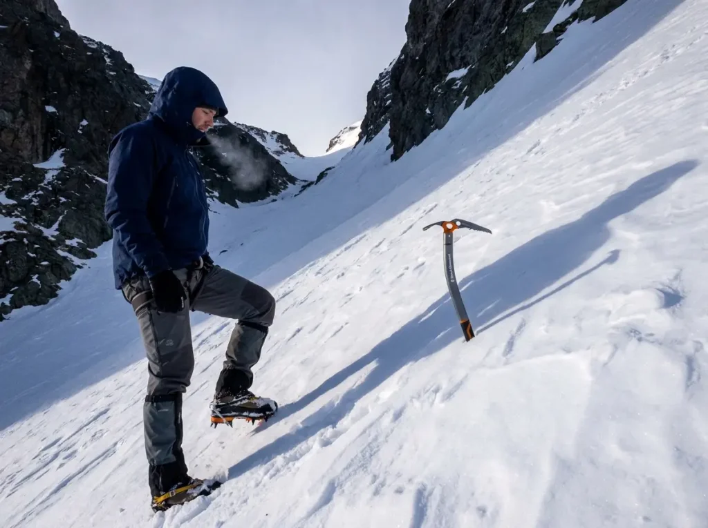 Climber kicking steps up the snow chute on Mount Whitney's Mountaineers Route