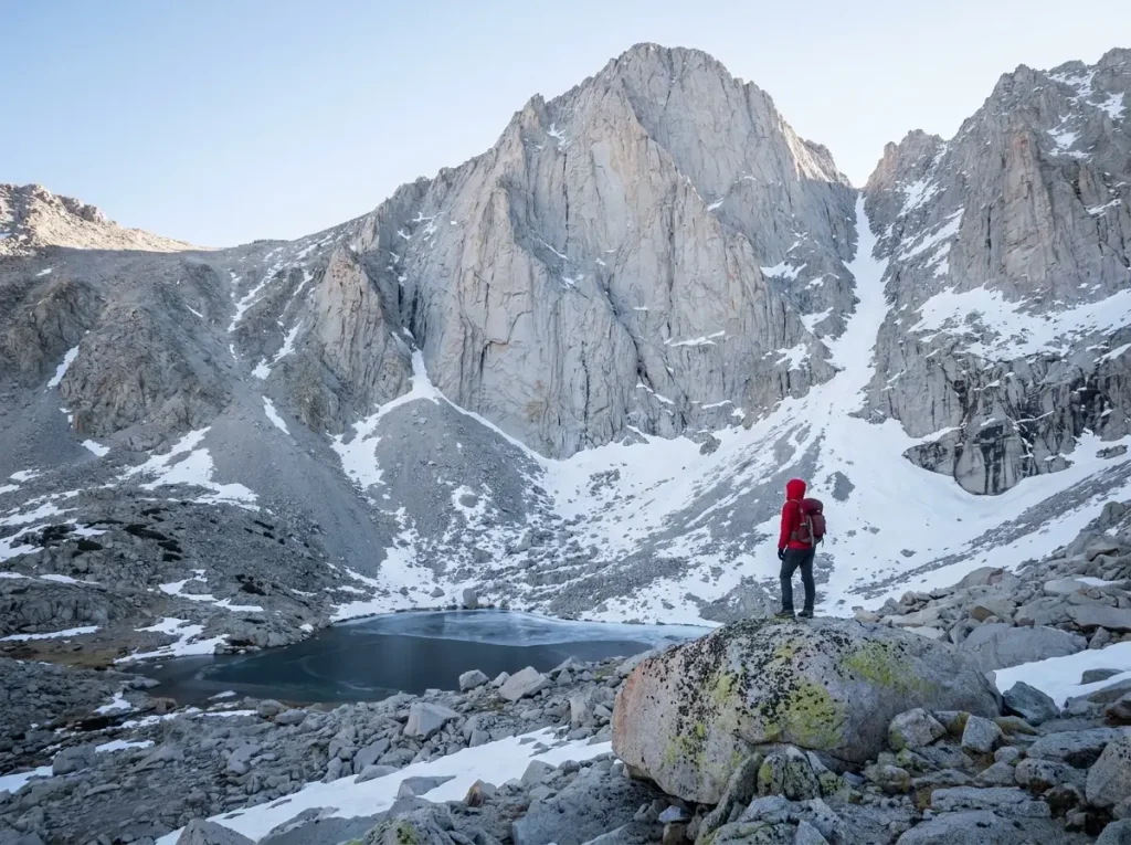 Mount Whitney east side showing the Mountaineers Route couloir beside the main peak