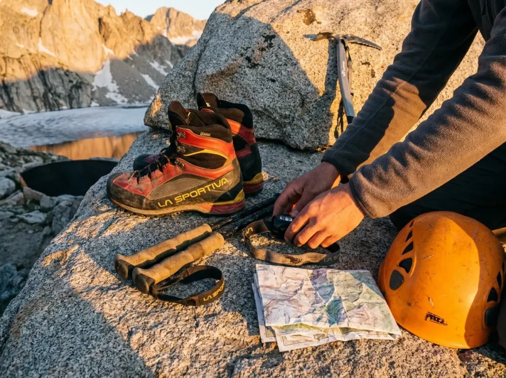 Mountaineering boots ice axe and pack laid out at an alpine camp below Mount Whitney