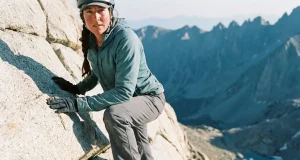 Mount Whitney Mountaineers Route and the Class 3 Trap Climber on the exposed Final 400 of Mount Whitney's Mountaineers Route near the summit