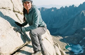 Mount Whitney Mountaineers Route and the Class 3 Trap Climber on the exposed Final 400 of Mount Whitney's Mountaineers Route near the summit