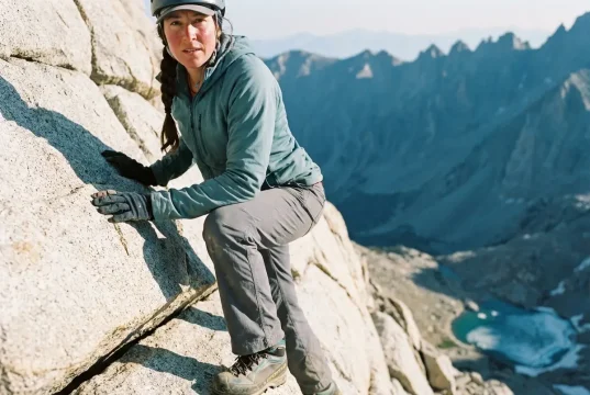 Mount Whitney Mountaineers Route and the Class 3 Trap Climber on the exposed Final 400 of Mount Whitney's Mountaineers Route near the summit