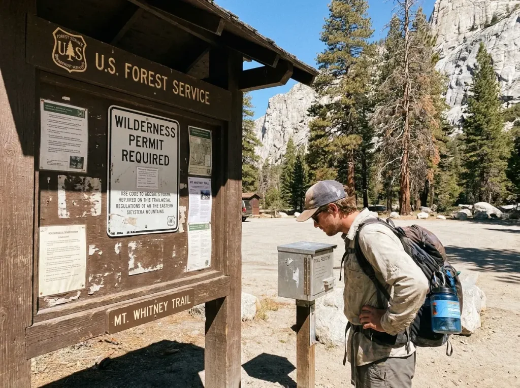 Whitney Portal trailhead permit and wilderness regulations sign in the eastern Sierra