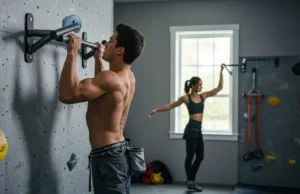 The Climber’s Pull Up Bar Guide: Best Bars & Moves Two climbers, a male and a female, training with different pull-up bars in a home gym setting, illustrating a comprehensive guide to pull-up bars for climbers.