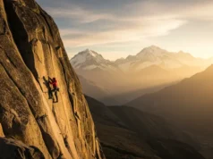 Epic Rock Climbing in Peru: The Essential Beta A climber on a massive granite wall during a golden hour sunset in the Peruvian Andes, representing an epic rock climbing adventure in Peru.