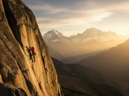 A climber on a massive granite wall during a golden hour sunset in the Peruvian Andes, representing an epic rock climbing adventure in Peru.