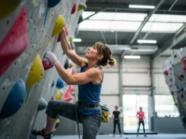 An adult woman looks with determination up a bright, colorful indoor climbing wall, representing an authoritative guide to indoor rock climbing for adults.