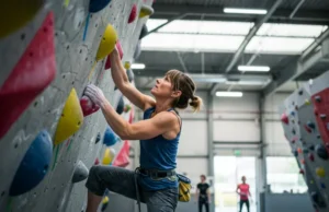 Conquer the Wall: Indoor Climbing for Adults An adult woman looks with determination up a bright, colorful indoor climbing wall, representing an authoritative guide to indoor rock climbing for adults.