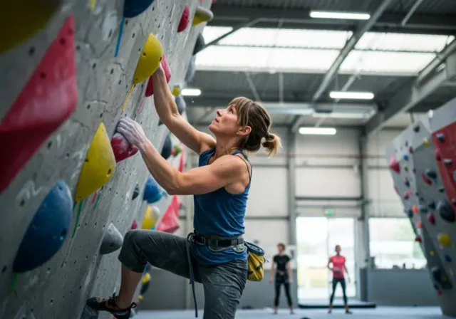 An adult woman looks with determination up a bright, colorful indoor climbing wall, representing an authoritative guide to indoor rock climbing for adults.