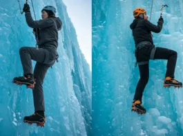 A male and female ice climber scaling a blue ice wall, demonstrating the visual difference between hardshell and softshell ice climbing pants in action