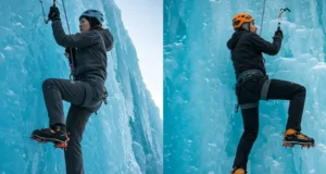 Hard Shell vs Soft Shell: Best Ice Climbing Pants A male and female ice climber scaling a blue ice wall, demonstrating the visual difference between hardshell and softshell ice climbing pants in action