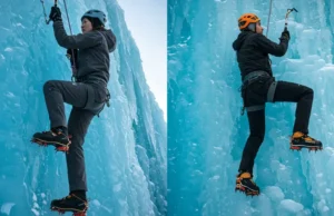 Hard Shell vs Soft Shell: Best Ice Climbing Pants A male and female ice climber scaling a blue ice wall, demonstrating the visual difference between hardshell and softshell ice climbing pants in action