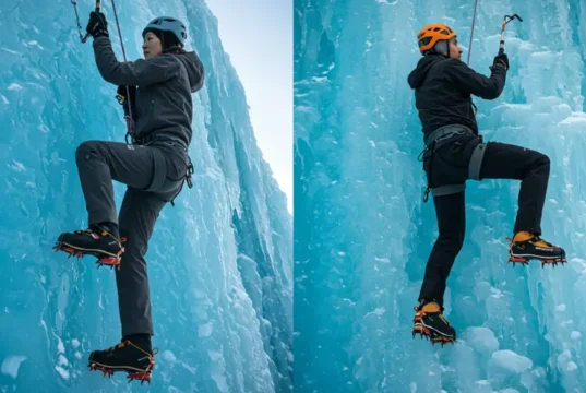 Hard Shell vs Soft Shell: Best Ice Climbing Pants A male and female ice climber scaling a blue ice wall, demonstrating the visual difference between hardshell and softshell ice climbing pants in action