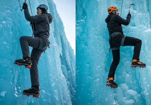 A male and female ice climber scaling a blue ice wall, demonstrating the visual difference between hardshell and softshell ice climbing pants in action