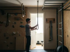 An organized home gym with various pieces of rock climbing training equipment, including a hangboard, gymnastic rings, and a pull-up bar, illuminated by natural light.