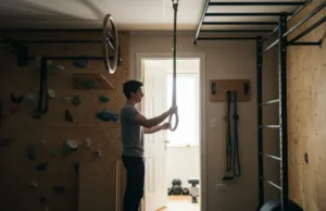 Rock Climbing Training Equipment: The Core 7 Tools An organized home gym with various pieces of rock climbing training equipment, including a hangboard, gymnastic rings, and a pull-up bar, illuminated by natural light.