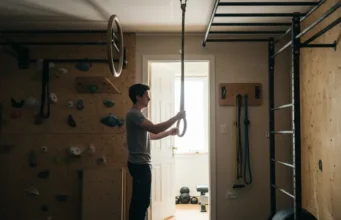 Rock Climbing Training Equipment: The Core 7 Tools An organized home gym with various pieces of rock climbing training equipment, including a hangboard, gymnastic rings, and a pull-up bar, illuminated by natural light.