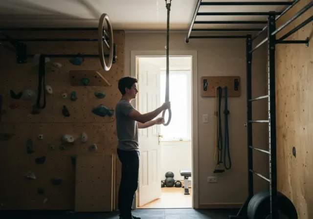 An organized home gym with various pieces of rock climbing training equipment, including a hangboard, gymnastic rings, and a pull-up bar, illuminated by natural light.