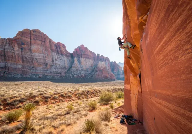 Climber on a multi-pitch route in Red Rock Canyon, showcasing the ultimate planner's guide to climbing Red Rock Canyon.
