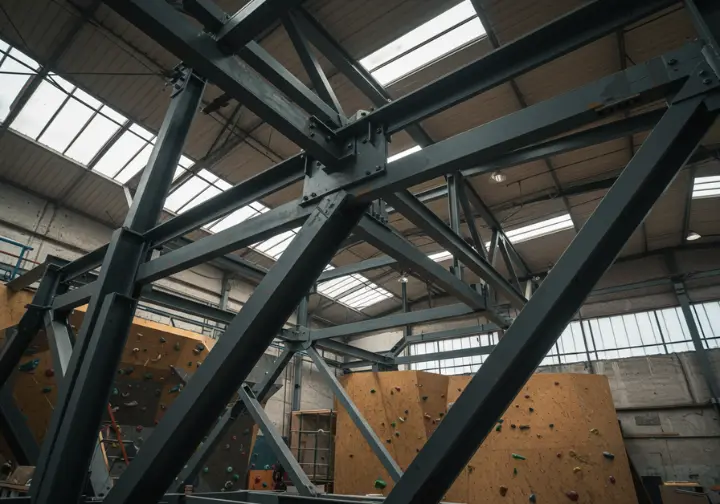 The foundational steel frame and support structure of a large climbing wall under construction, showcasing the engineering and framework that are essential parts of the wall.