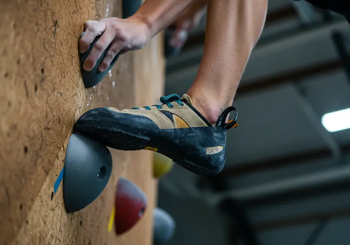 A close-up, low-angle view of a climber's shoe on a foothold and a hand on a grip, depicting the first steps up an indoor climbing wall.
