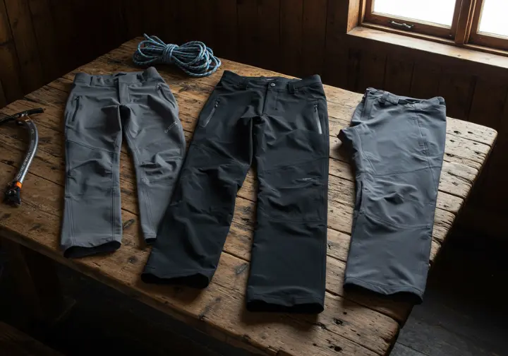 A flat-lay photo showing three types of ice climbing pants—hardshell, softshell, and hybrid—on a wooden table with other climbing gear, representing the core gear choice.