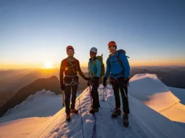 Iconic US mountains best to climb for dedicated climbers: diverse rope team silhouetted at sunrise on a majestic summit ridge.