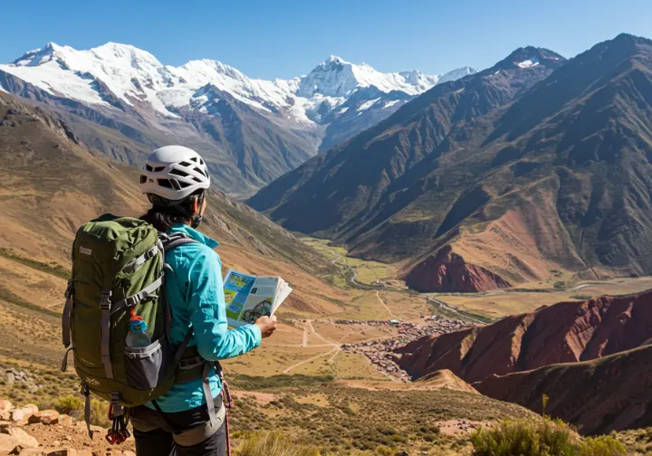 A climber overlooks a diverse valley in Peru with distant glaciated mountains and nearby sun-drenched crags, illustrating the major climbing hubs and destinations.