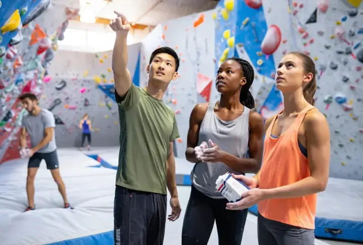 Master bouldering basics: diverse new climbers engaging at an indoor gym, illustrating top tips for beginners.
