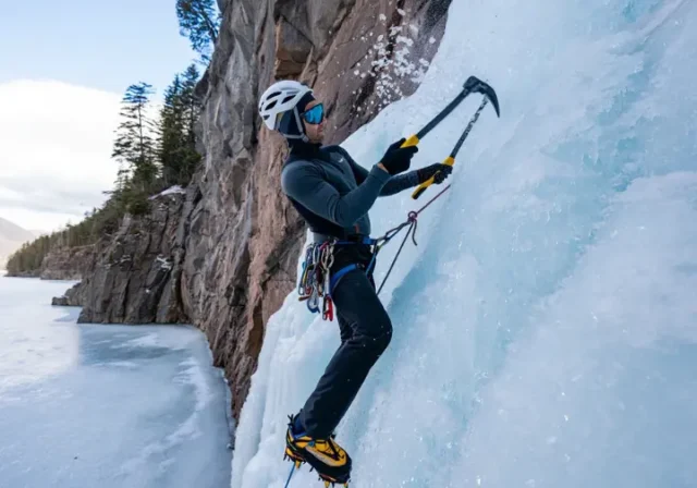Mastering Lake Willoughby ice climbing: climber on a steep ice route with iconic cliffs and frozen lake, detailing routes and conditions.