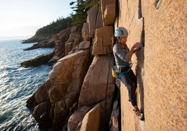 Master Maine rock climbing: diverse female climber on an Acadia sea cliff, highlighting trad climbing.