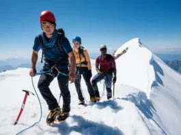 Mastering physical training for mountaineering: diverse rope team ascending a snowy arête towards a summit, ready for the challenge.