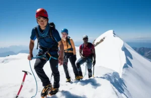 Master Physical Training for Mountaineering: Summit Ready Mastering physical training for mountaineering: diverse rope team ascending a snowy arête towards a summit, ready for the challenge.