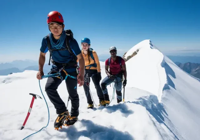 Mastering physical training for mountaineering: diverse rope team ascending a snowy arête towards a summit, ready for the challenge.