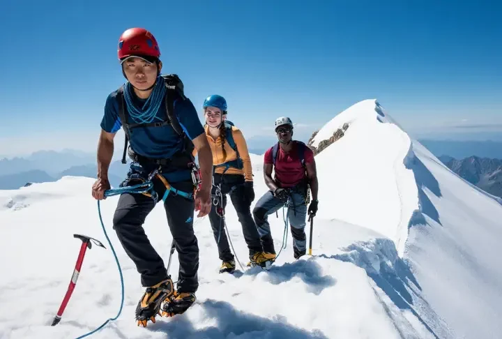 Mastering physical training for mountaineering: diverse rope team ascending a snowy arête towards a summit, ready for the challenge.