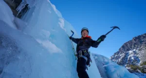 Mastering Lee Vining Ice Climbing: Routes & Conditions Mastering Lee Vining ice climbing: diverse female climber ascending blue ice routes amidst stunning Eastern Sierra conditions.