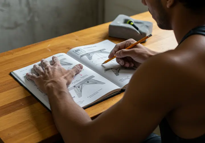 A climber studies a training plan in a journal, pointing to a diagram, representing the key principles of effective rock climbing strength training.