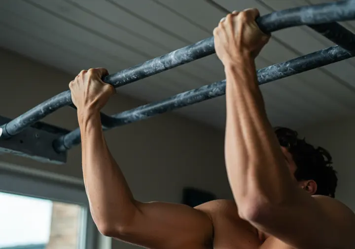A climber demonstrating powerful pulling strength on a pull-up bar, representing the translation of pull-up power to climbing prowess.