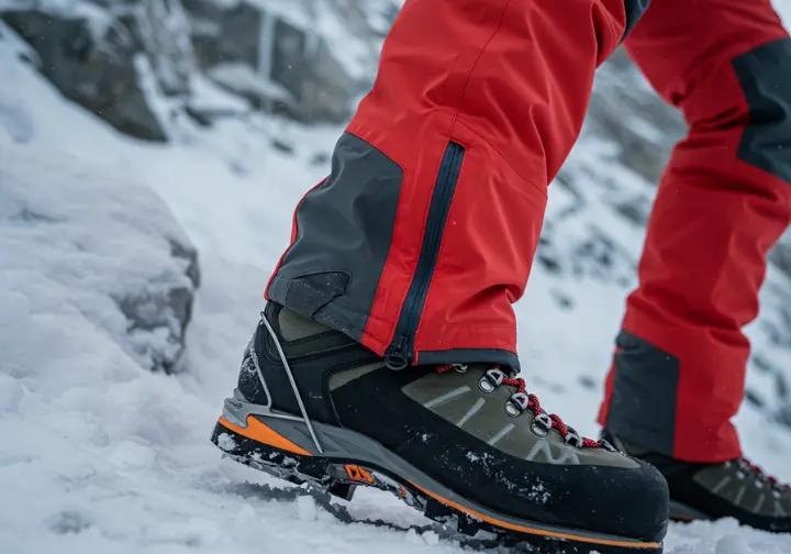 Close-up on the ankle and knee of a person wearing ice climbing pants, highlighting key features like the reinforced crampon patch and articulated knees