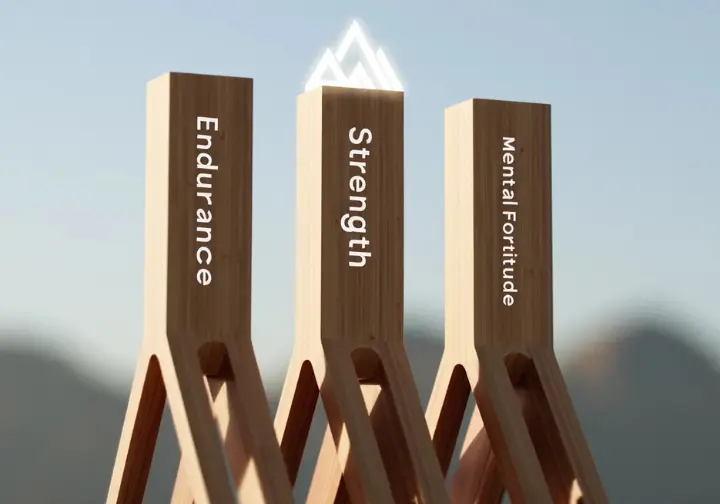 The core pillars of mountaineering fitness: three strong pillars labeled Endurance, Strength, and Mental Fortitude supporting a summit, key to physical training.